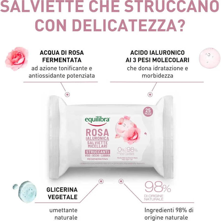 Equilibra Hyaluronic Rose - 25 toallitas desmaquillantes micelares