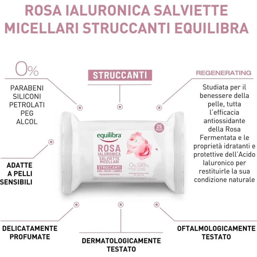 Equilibra Hyaluronic Rose - 25 toallitas desmaquillantes micelares