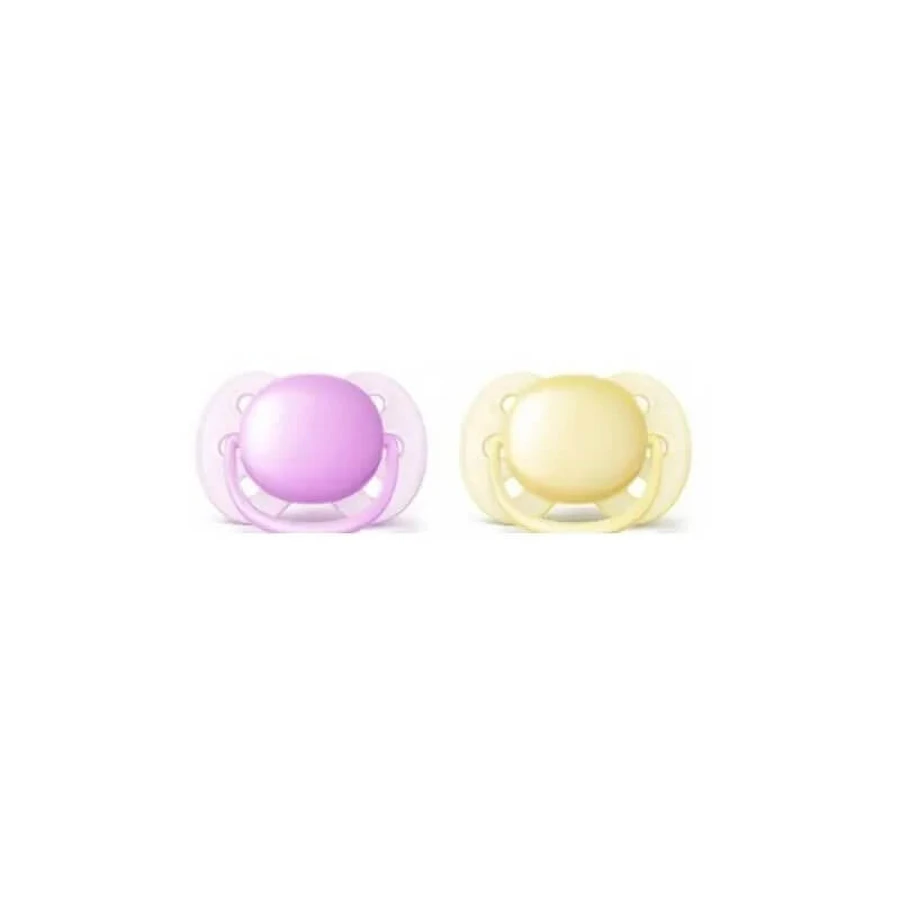 Avent Ultra Soft 0–6 months – 2 silicone pacifiers – pink/yellow