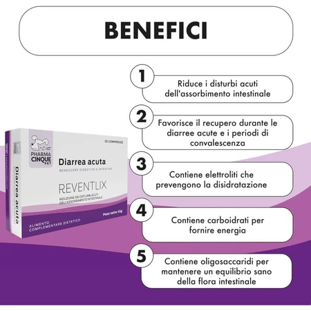 Pharma Cinque Pet Reventlix - Complemento alimenticio para perros y gatos indicado para trastornos intestinales y diarrea, 30 comprimidos