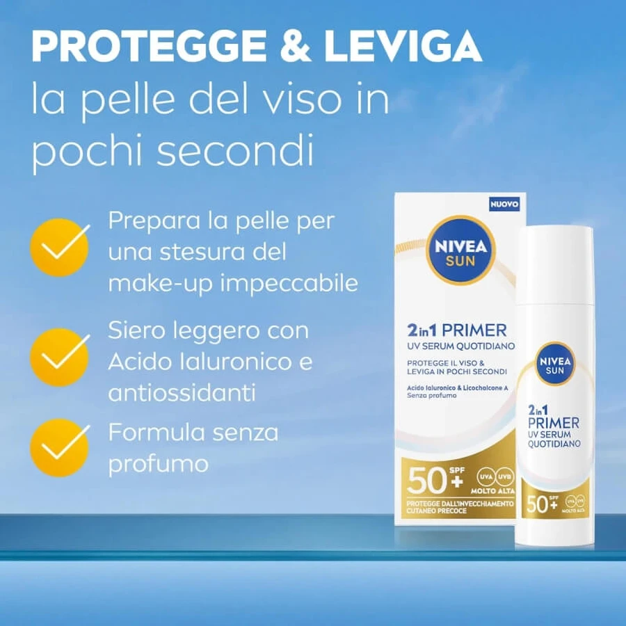 Nivea, protector solar facial SPF 50+, sérum diario 2 en 1 con base UV, protección muy alta, 30 ml