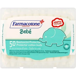 Limpiador de oídos para bebés Farmacotone con protector, 50 bastoncillos