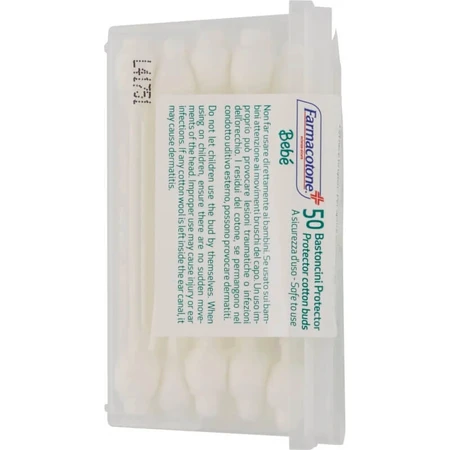 Limpiador de oídos para bebés Farmacotone con protector, 50 bastoncillos
