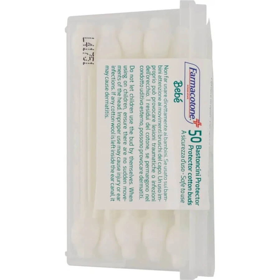 Limpiador de oídos para bebés Farmacotone con protector, 50 bastoncillos