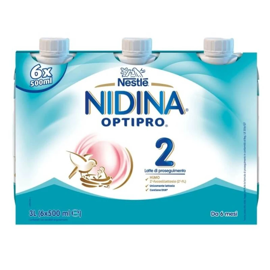 Nestlé Nidina Optipro 2 - Ready-to-use liquid follow-on formula for infants 6 months and older, 6 x 500 ml