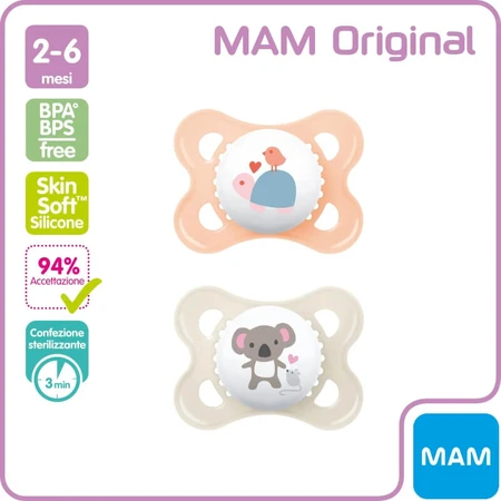 Mam Original – 2 Schnuller mit Silikonsaugern für Babys im Alter von 2 bis 6 Monaten in verschiedenen mädchenhaften Mustern