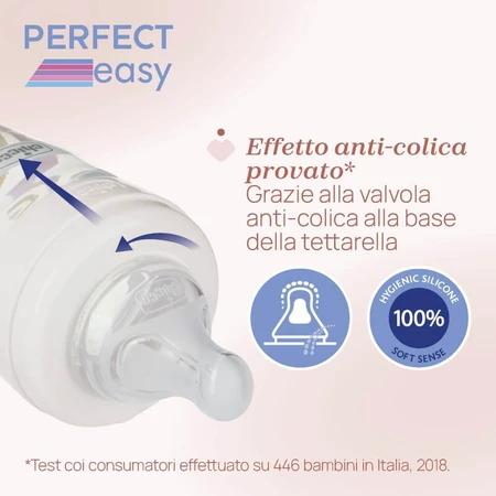Chicco Perfect Easy - Anti-Colic Bottle with Soft Sense Silicone Nipple, 2m+, Medium Flow, 250 ml