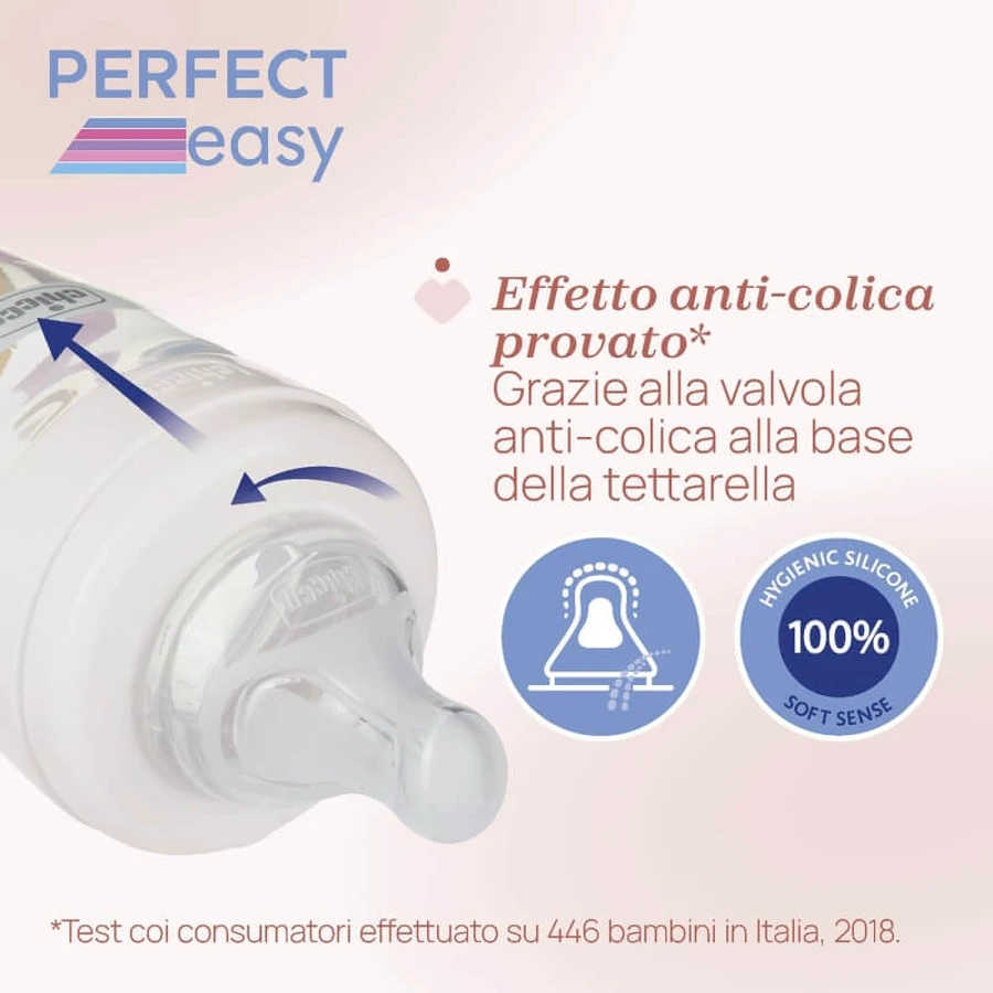 Chicco Perfect Easy - Anti-Colic Bottle with Soft Sense Silicone Nipple, 2m+, Medium Flow, 250 ml