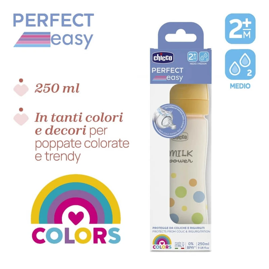 Chicco Perfect Easy - Anti-Colic Bottle with Soft Sense Silicone Nipple, 2m+, Medium Flow, 250 ml
