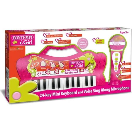 Bontempi minitoetsenbord, 22 toetsen, met microfoon, roze
