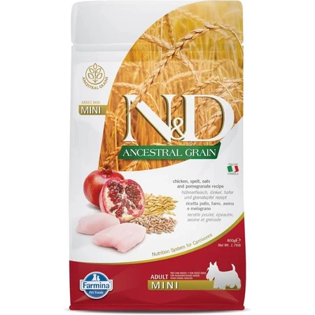 Farmina N&amp;d Ancestral Grain Adult Mini mit Huhn und Granatapfel – Alleinfuttermittel für Hunde, 800 g