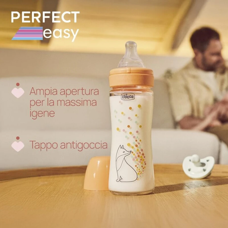 Chicco Perfect Easy – Anti-Kolik-Glasflasche mit Physio-Silikonsauger, ab 0 Monaten, langsamer Durchfluss, 240 ml
