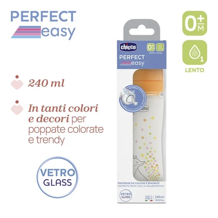 Chicco Perfect Easy – Anti-Kolik-Glasflasche mit Physio-Silikonsauger, ab 0 Monaten, langsamer Durchfluss, 240 ml