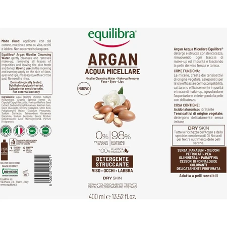 Equilibra Argan - Agua micelar para el rostro, los ojos y los labios, 400 ml