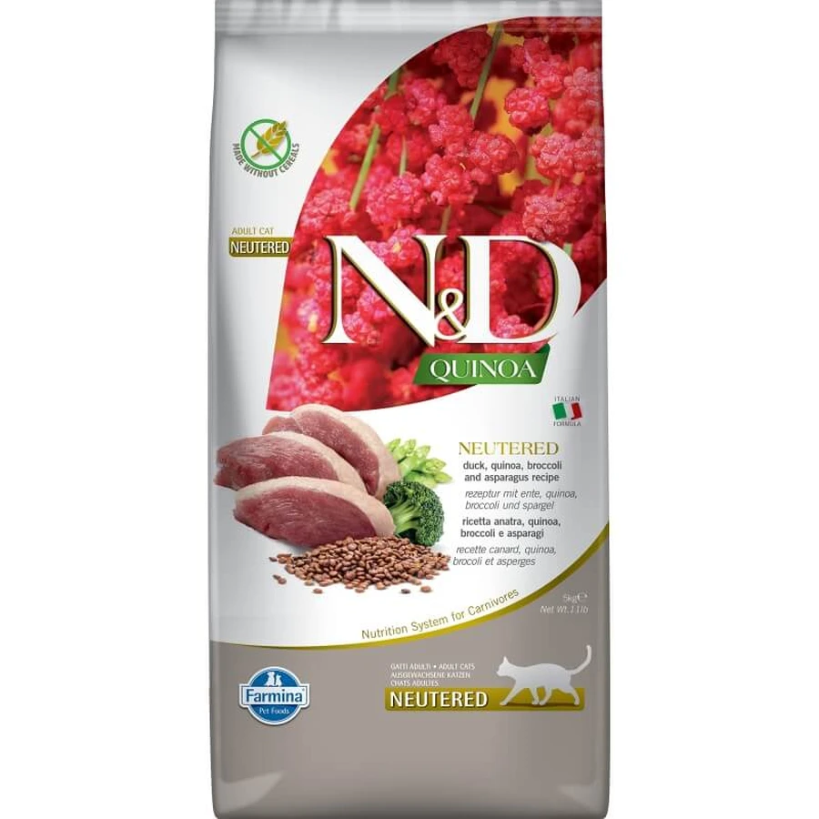 Farmina N&amp;d Quinoa, Gesteriliseerd, Eend, Broccoli, Asperges - Compleet voer voor volwassen, gesteriliseerde katten, 5 kg