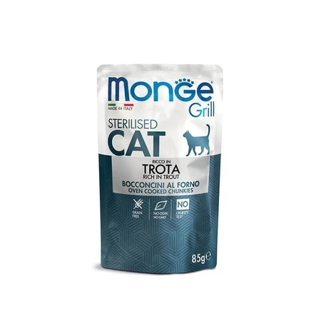 Monge Grill: in de oven gebakken forelhapjes voor gecastreerde katten – Volledig voer voor gecastreerde katten, 85 g