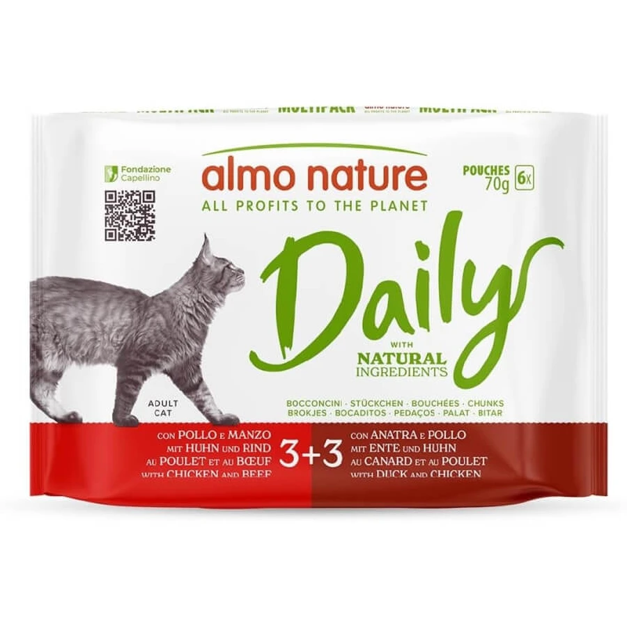 Almo Nature Daily Menu para gatos, paquete surtido de pollo, ternera y pato: alimento completo para gatos adultos, 6 bolsitas de 70 g cada una