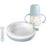 Suavinex Hot Meal Set - Insulated Plate + Silicone Spoon + Cup with Handles - Light Blue