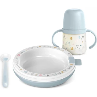 Suavinex Warmessen-Set – Isolierter Teller + Silikonlöffel + Becher mit Henkeln – Hellblau