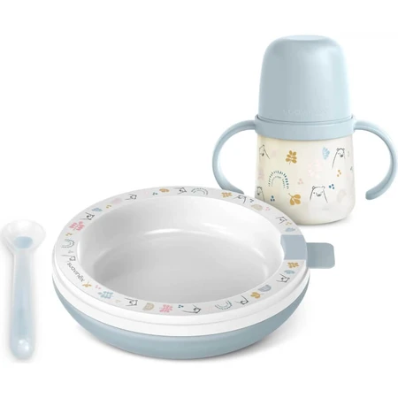 Suavinex Warmessen-Set – Isolierter Teller + Silikonlöffel + Becher mit Henkeln – Hellblau