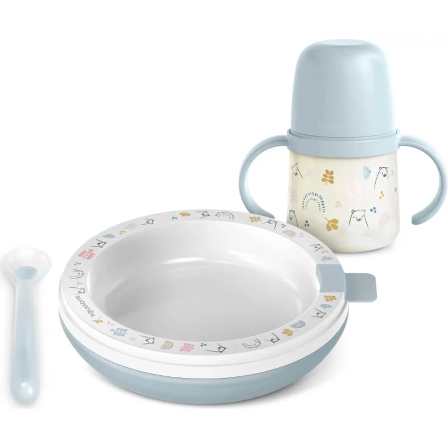 Suavinex Warmessen-Set – Isolierter Teller + Silikonlöffel + Becher mit Henkeln – Hellblau