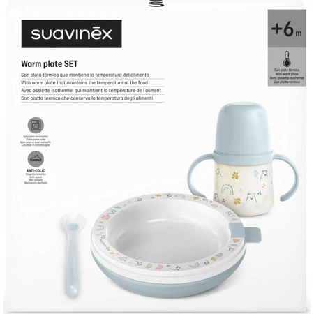 Suavinex Warmessen-Set – Isolierter Teller + Silikonlöffel + Becher mit Henkeln – Hellblau