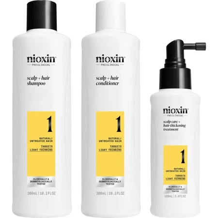 Nioxin System 1 Kit – Set für mehr Volumen: 300 ml Shampoo + 300 ml Spülung + 100 ml Kur