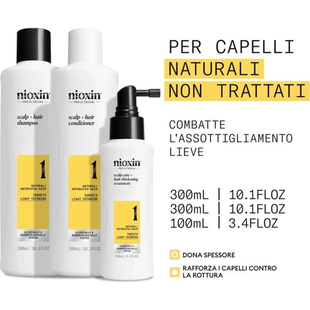 Nioxin System 1 Kit – Set für mehr Volumen: 300 ml Shampoo + 300 ml Spülung + 100 ml Kur