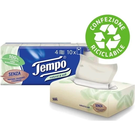 Tempo Natural &amp; Soft - doos met 70 natuurlijke en zachte papieren zakdoekjes