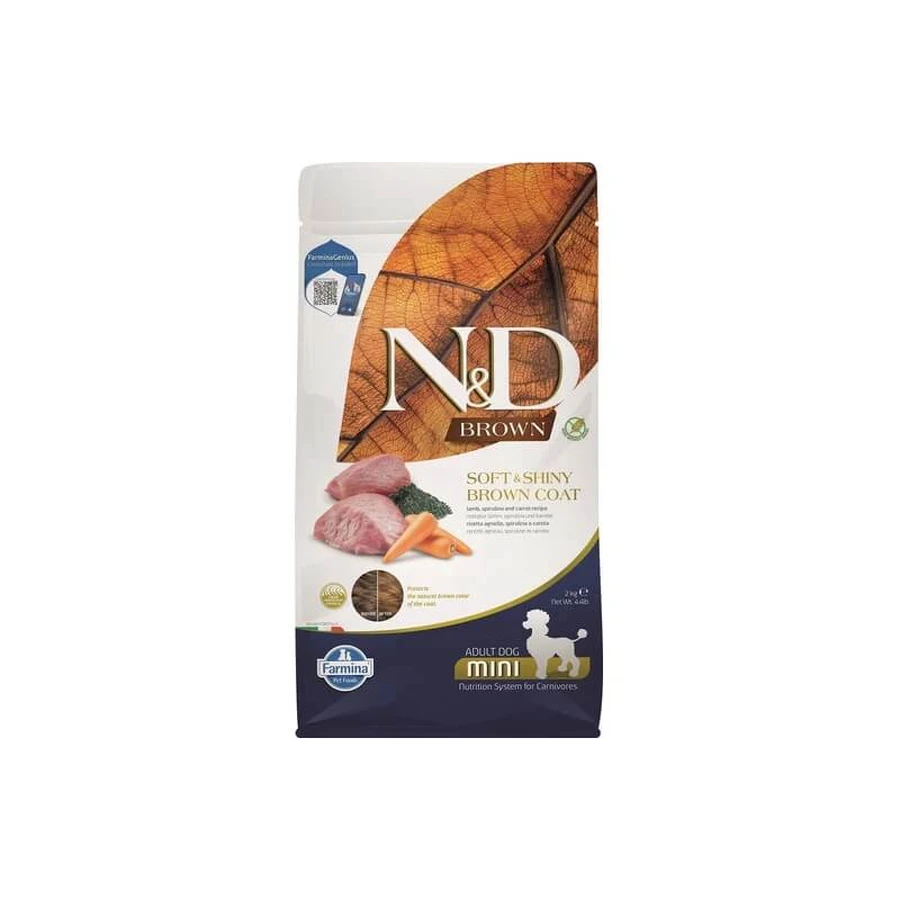 Farmina N&amp;d Dog Brown Adult Mini Lamb, Carrot, and Spirulina - Volledig voer voor volwassen mini-honden, 2 kg