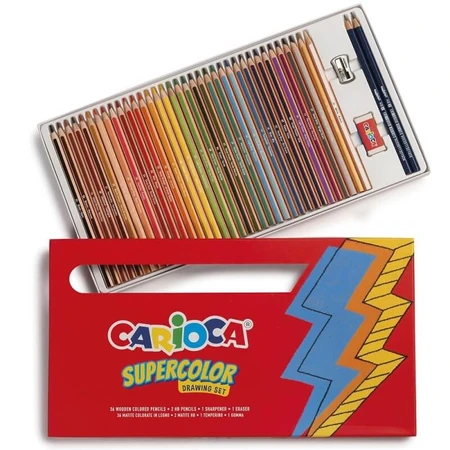 Carioca Supercolor Drawing Set—includes 36 Supercolor pencils, 1 eraser, 1 metal pencil sharpener, and 2 HB graphite pencils