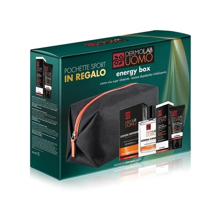 Deborah Uomo - Energy Box with 50 ml Energizing Anti-Fatigue Gel Cream + 100 ml Revitalizing After-Shave Lotion + Toiletry Bag