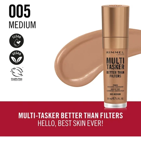 Rimmel Multi-Tasker Better Than Filters 3-in-1 – Grundierung, Glow-Booster &amp; Highlighter Nr. 005 Medium