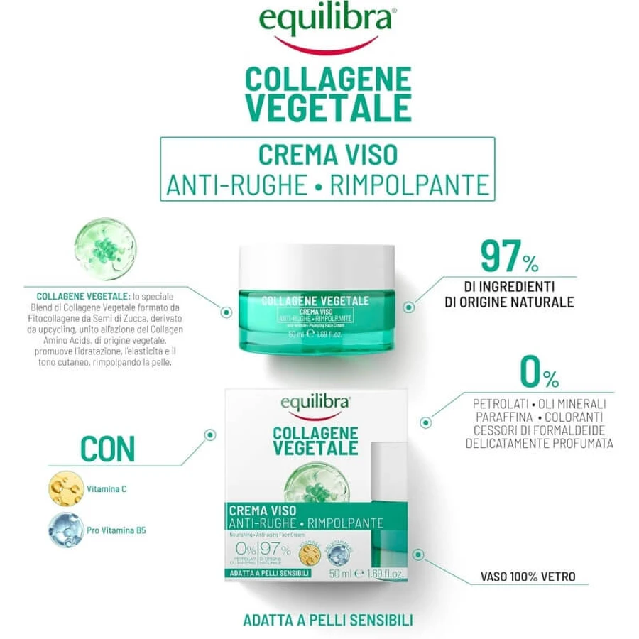 Colágeno de origen vegetal Equilibra - Crema facial antiarrugas reafirmante, 50 ml