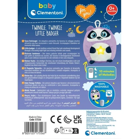 Clementoni Twinkle Twinkle Little Badger - Plush Night Light for Babies with Lights and Melodies