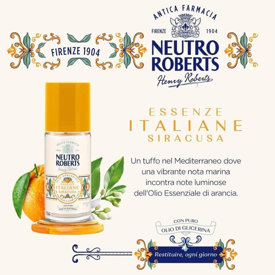 Neutro Roberts Italian Essences Syracuse - Aluminum-Free, Stain-Resistant Roll-On Deodorant, 50 ml