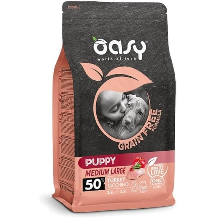 Oasy Puppy Dog sans céréales à la dinde pour races moyennes et grandes - Aliment complet pour chiots de races moyennes et grandes, 12 kg