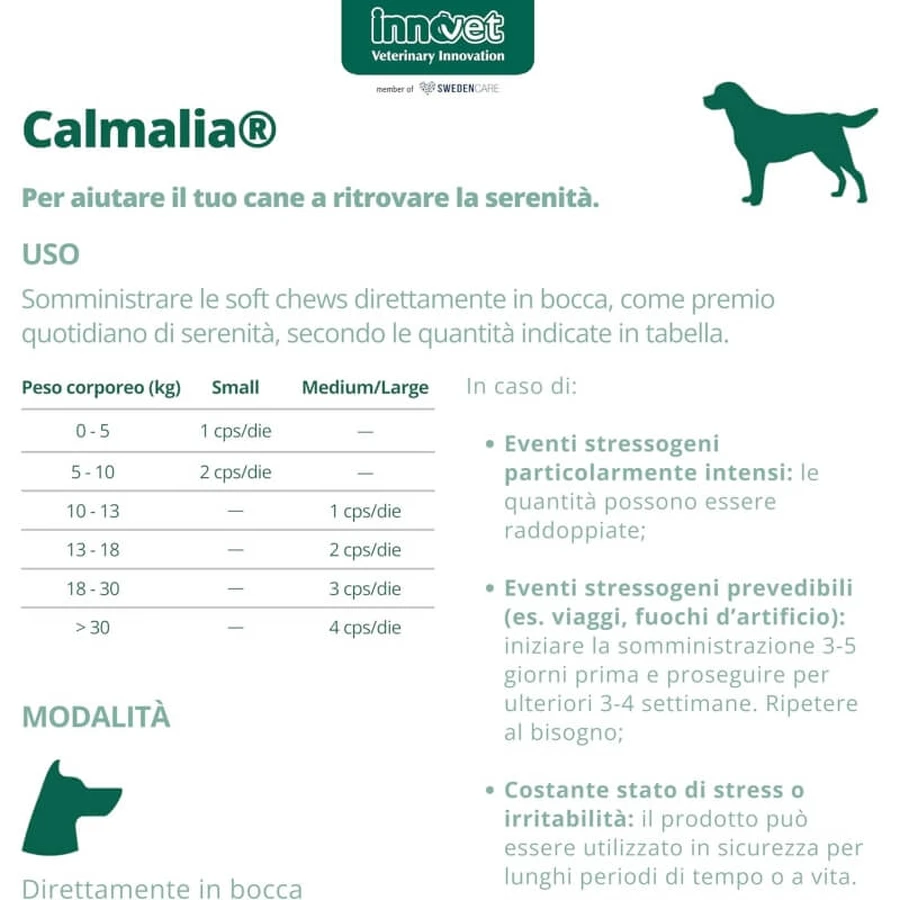 Innovet Calmalia Small – Ergänzungsfuttermittel für Hunde bei Angst und Stress, 30 Weichkautabletten