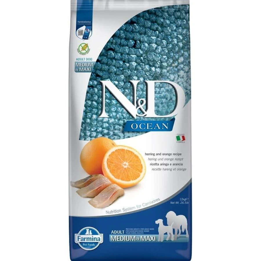 Farmina N&amp;d Ocean Adult Medium &amp; Maxi con arenque y naranja - Pienso completo para perros, 12 kg