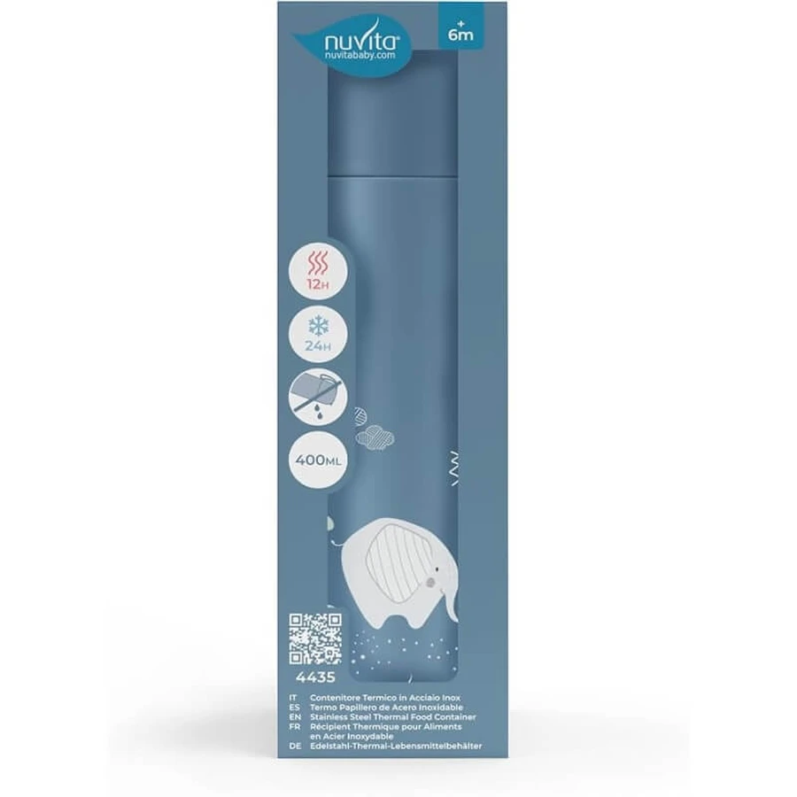 Nuvita Thermos - Roestvrijstalen bakje voor warme en koude gerechten met blauw gepoedercoat siliconen handvat, 400 ml