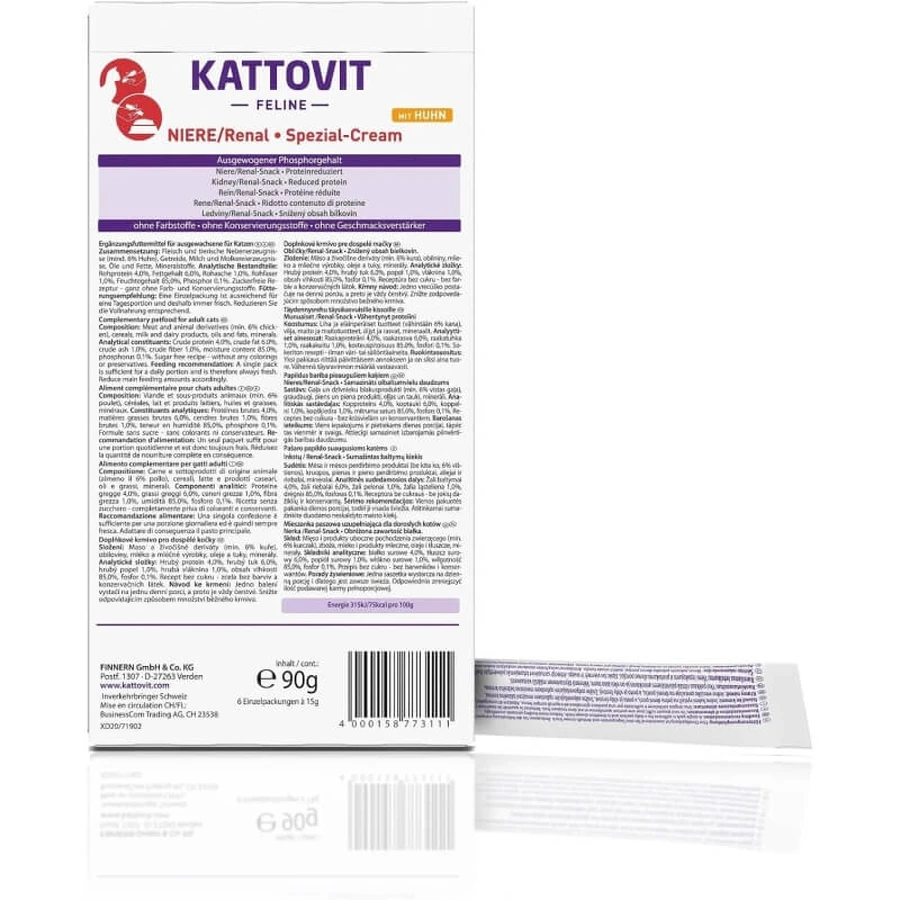 Kattovit Renal Cream Chicken - Complementary food for cats with kidney problems, 6 packets of 15 g each