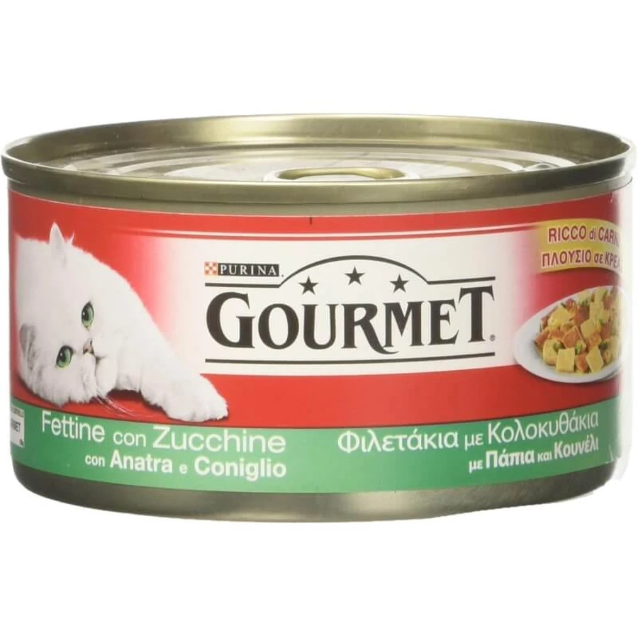 Purina Gourmet: rodajas de pato, conejo y calabacín - Alimento completo para gatos adultos, 195 g