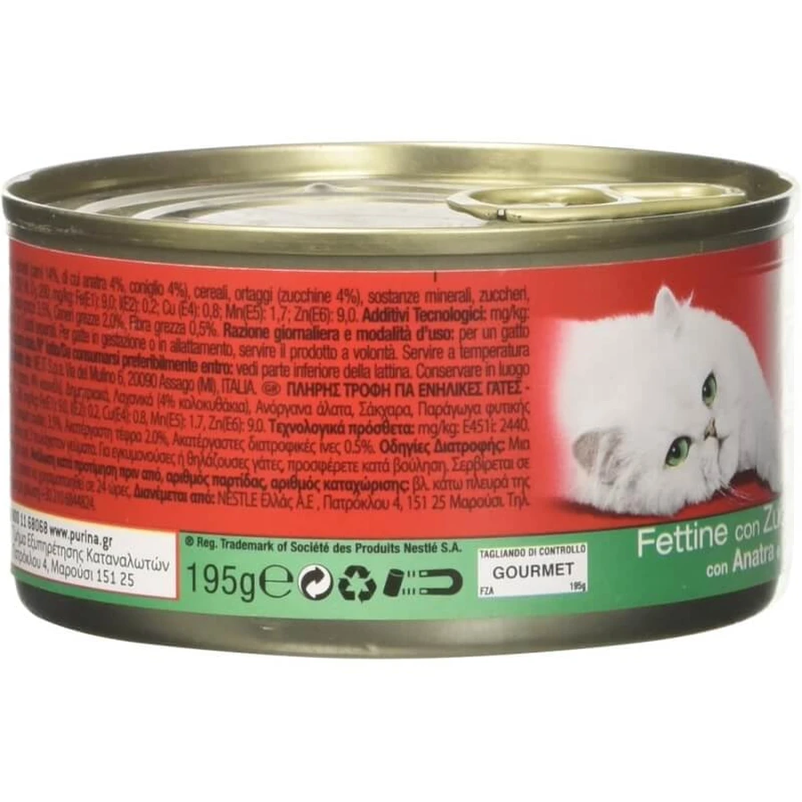 Purina Gourmet: rodajas de pato, conejo y calabacín - Alimento completo para gatos adultos, 195 g