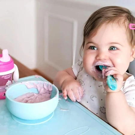 Chicco Easy Start - Set de silicona para la introducción de alimentos sólidos en bebés a partir de los 6 meses - Azul claro