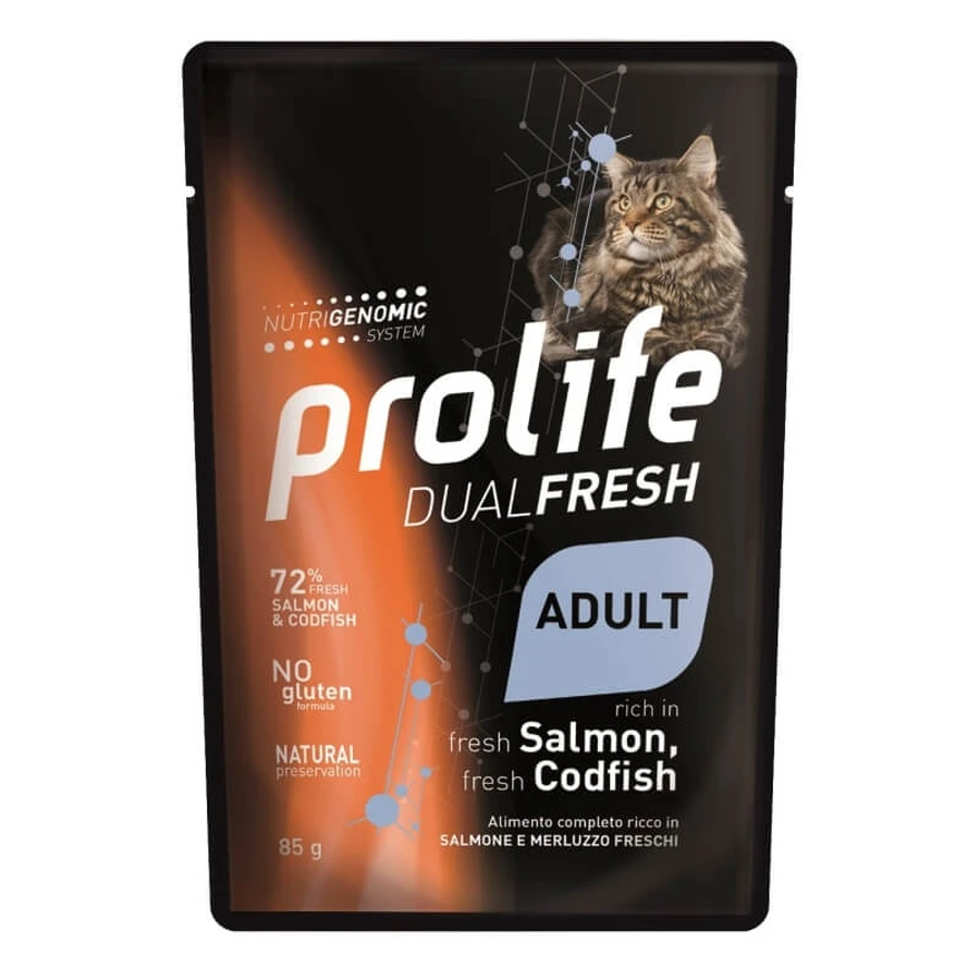 Prolife Dualfresh Lachs und Kabeljau – Alleinfuttermittel für ausgewachsene Katzen, 85 g