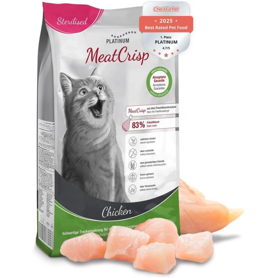 Platinum Meatcrisp Chicken - Pienso completo para gatos adultos castrados, 1,5 kg