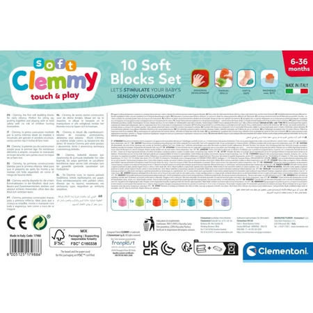 Clementoni Soft Clemmy Touch & Play - Set of 10 Soft Building Blocks, 6–36 months
