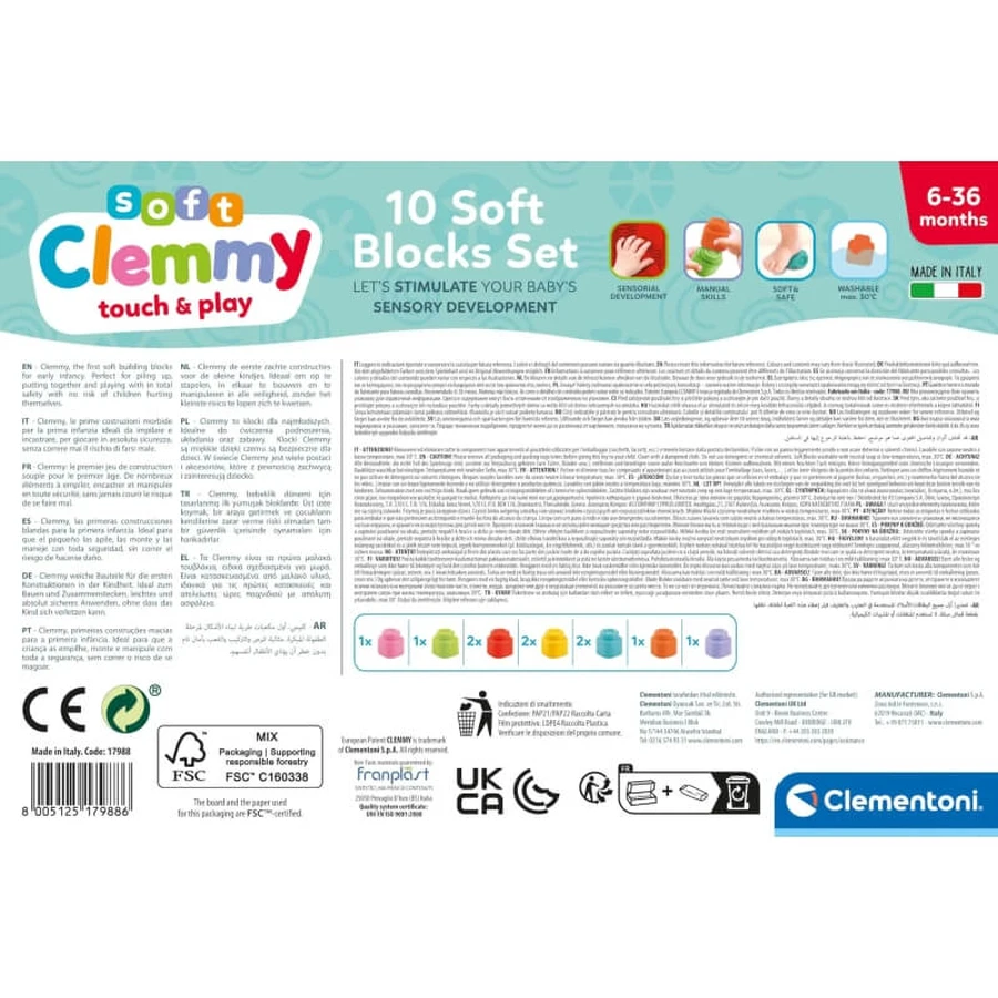 Clementoni Soft Clemmy Touch & Play - Set of 10 Soft Building Blocks, 6–36 months