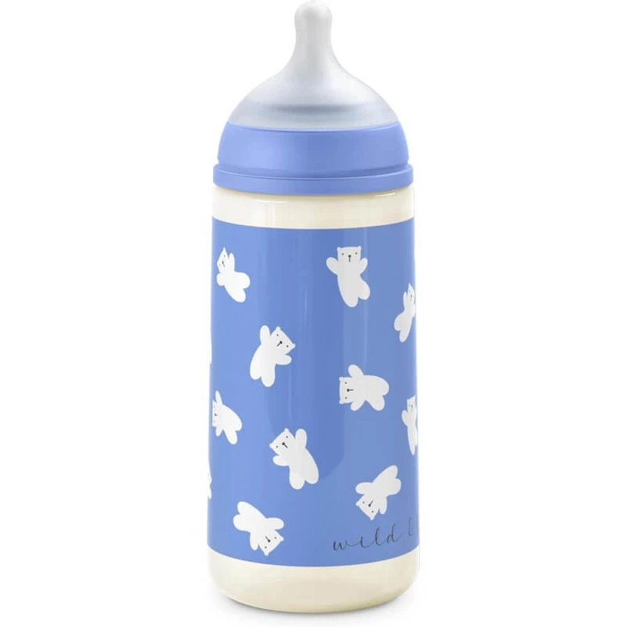 Suavinex Wild & Free - Plastic babyfles met siliconen speen, SX Pro, dikke doorstroming, anti-koliek, vanaf 6 maanden, lichtblauw, 360 ml