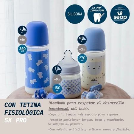 Suavinex Wild & Free - Plastic babyfles met siliconen speen, SX Pro, dikke doorstroming, anti-koliek, vanaf 6 maanden, lichtblauw, 360 ml